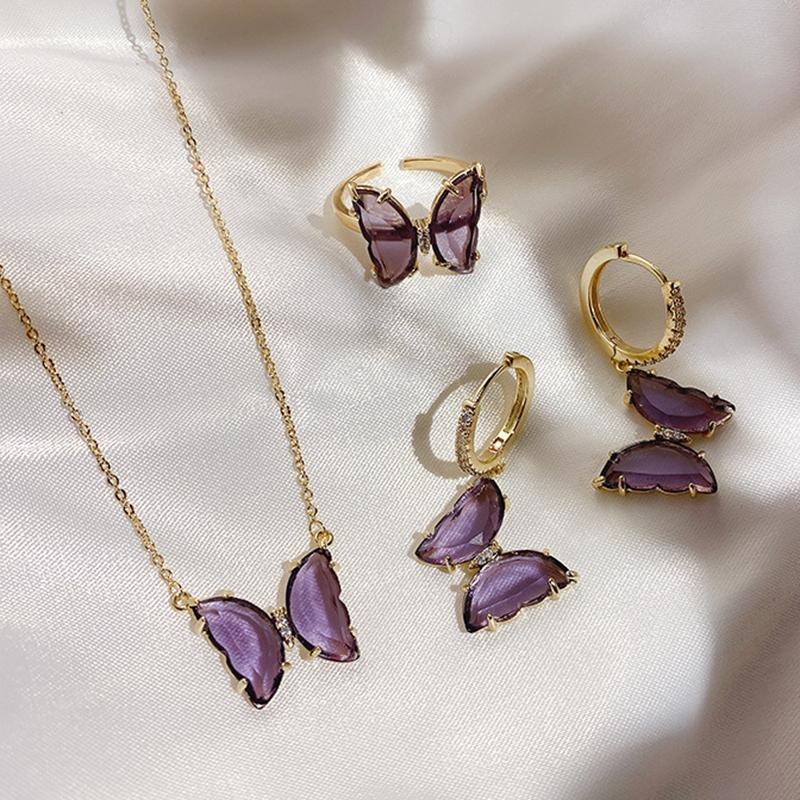 

Peri'sBox Purple Color Butterfly Necklaces translucent Glass Pendant Necklaces for Women Romantic Necklace Summer Jewelry 2020