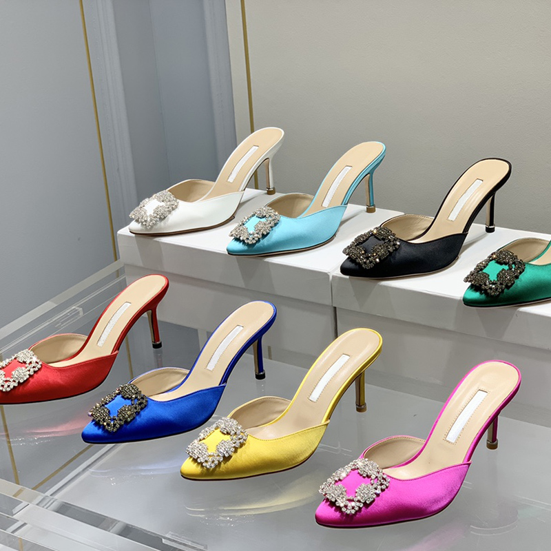 

Luxury Designers heeled womens slippers crystal decorative Satin sandals Rhinestone classics square buckle stiletto heels genuine leather heel shoes slipper, Red