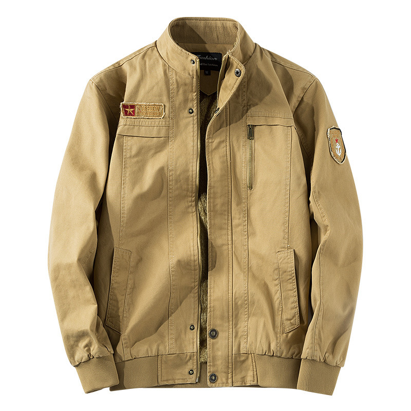 

Men Military Jacket Plus Velvet Thickened Washed Cotton Large Size Stand-up Collar Casual Flying Jacket, Black;brown