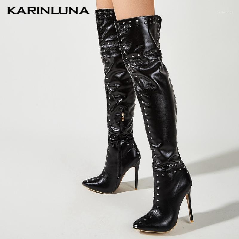 

women's Fashion New Arrival Designer Shoes Party Thin High Heels Pointed Toe Rivet Zip Up over-the-knee Thigh Booties1, Black