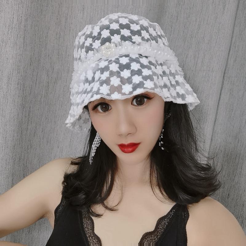 

Summer fairy flower bud silk fisherman female small pure and fresh and thin barrel cap with hollow out sun hat Bucket Hats, White