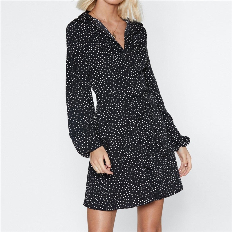 

Spring Autumn Dress Long Sleeve Vintage Dot Print Women Dress Turn-down Collar Female Mini Ladies Shirt Dresses Vestido Y200805, Black