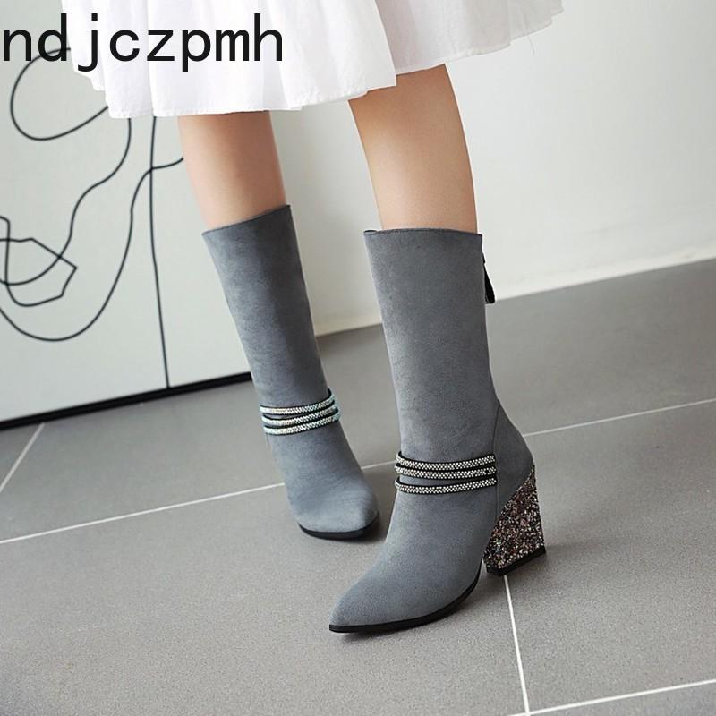 

Women's Boots The New winter fashion Pointed zipper Sequin High heel Middle tube Women's shoes plus size 33-43 Heel Height 8.5cm