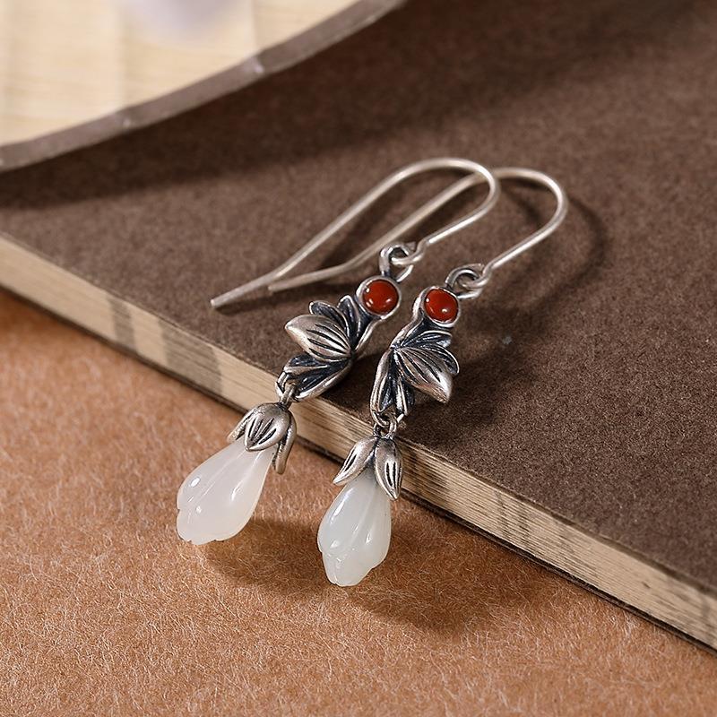 

Natural Hetian White Magnolia used Earrings Chinese retro court style original design elegant charm women's silver jewelry