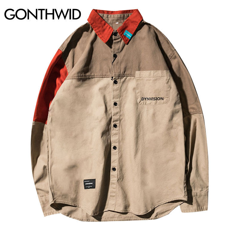

Color Block Patchwork Long Sleeve Dress Shirts Harajuku Casual Button Down Shirt Men Fashion Hip Hop Streetwear Tops, Khaki