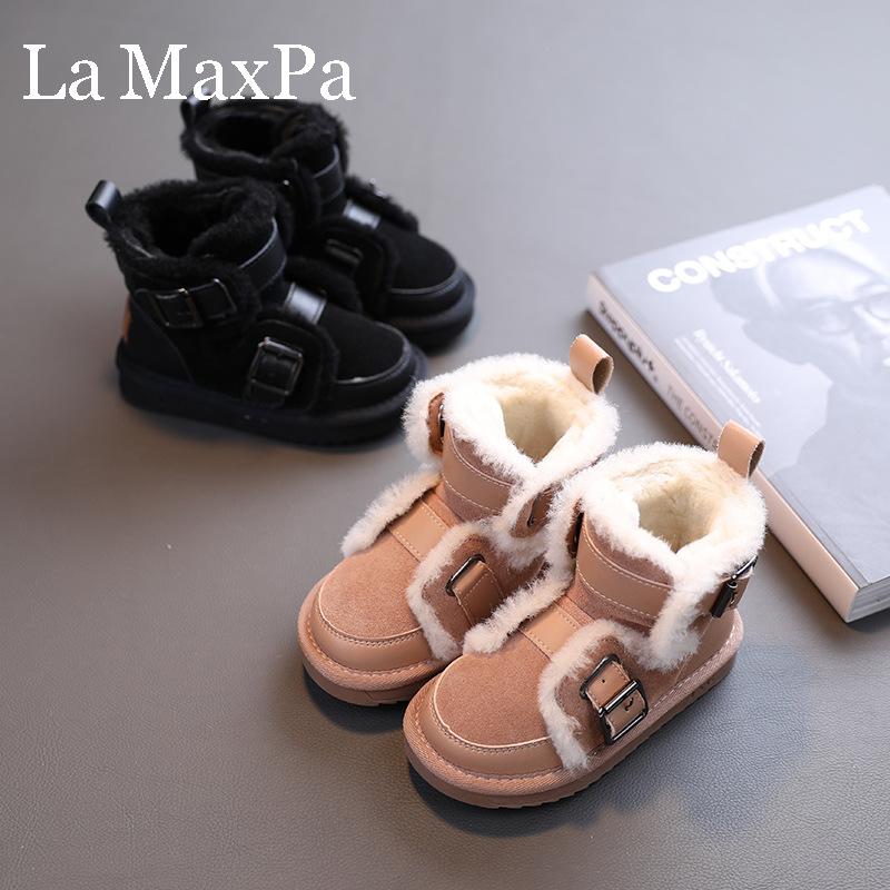 

2020 New Winter Children Snow Boots Genuine Leather Girls Boots Plush Boy Warm Shoes Fashion Kids Baby Toddler Shoes, Black