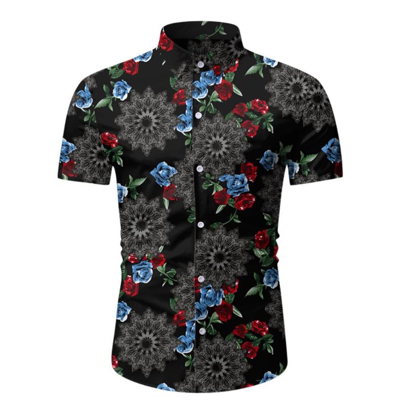 

2020 Men's Slim fit Flower Printed Shirts Male Short Sleeve Floral Shirt Men Basic Tops Casual Plus Size Shirts chemise homme#y2, Black