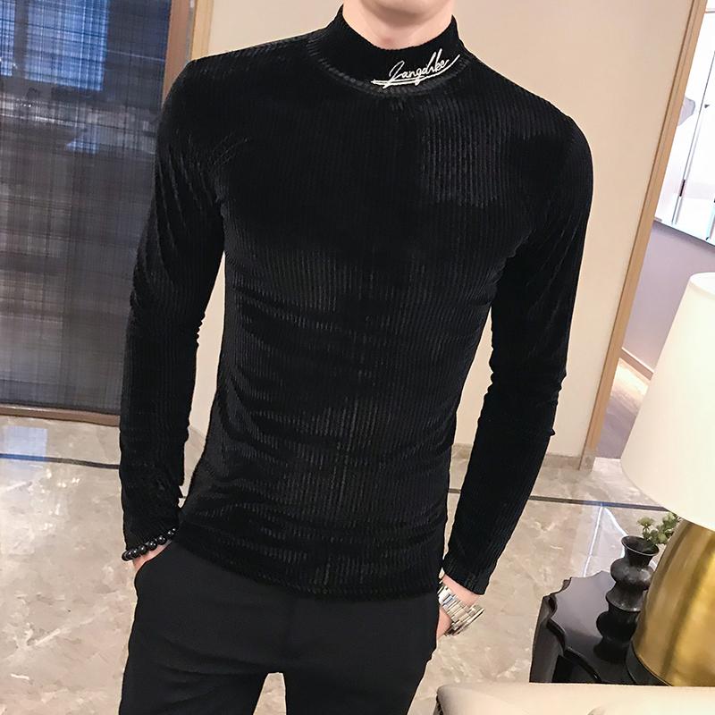 

British Style Men T Shirt Autumn New Knitted T-Shirts Mens Long Sleeve Streetwear Slim Fit Casual Turtleneck Bottom Tees Shirts, Green