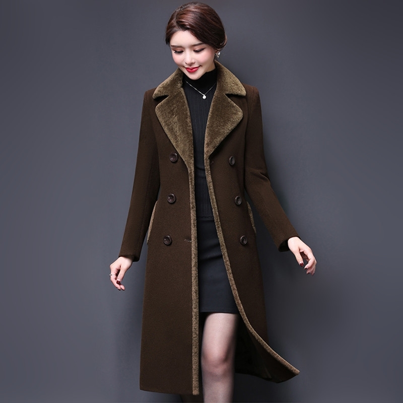 

M-5XL New Women Wool Blends Coat Winter Fashion Mother Thicken Cashmere Collar Long Jacket Warm Slim Tops Outerwear Female 201104, Wine red