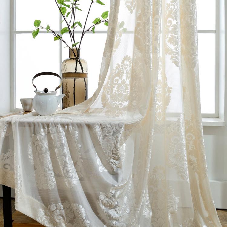 

EuropeanStyle Curtains for Living Room Bedroom Classic Flocking Window Screen Beige Tulle Curtain Finished Product Customization