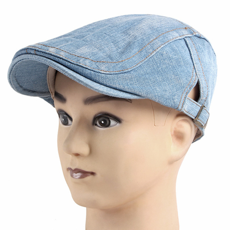 

HT3114 Berets Men Women Solid Newsboy Ivy Flat Cap Adjustable Denim Beret Hat Male Female Cotton Artist Painter Hat Beret Cap, Light blue