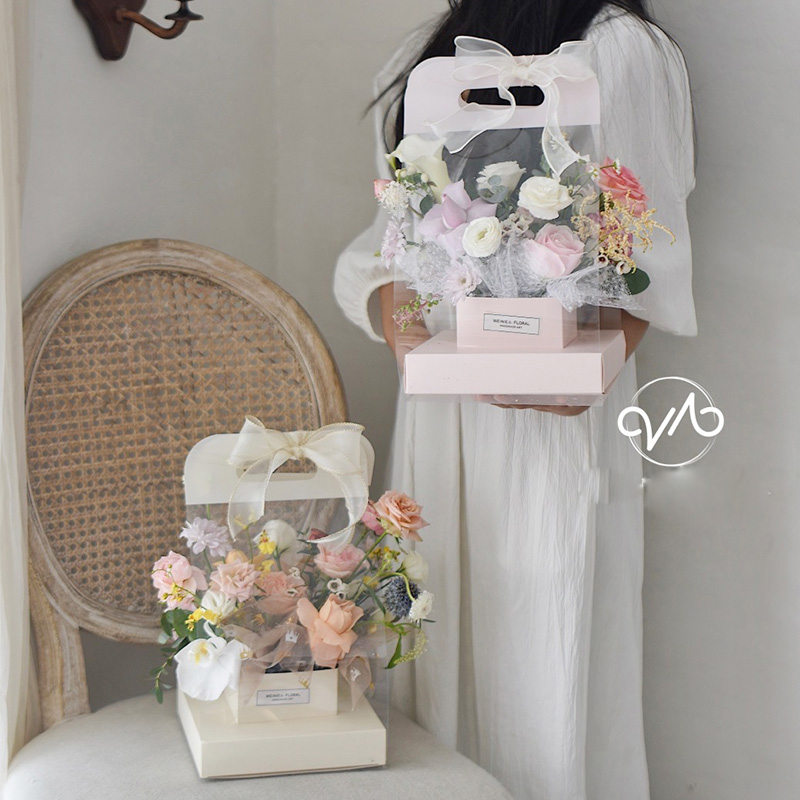 

Transparent Clear Flower Packaging Bag with Handle Bouquet Gift Paper Boxes for Wedding Valentine Day