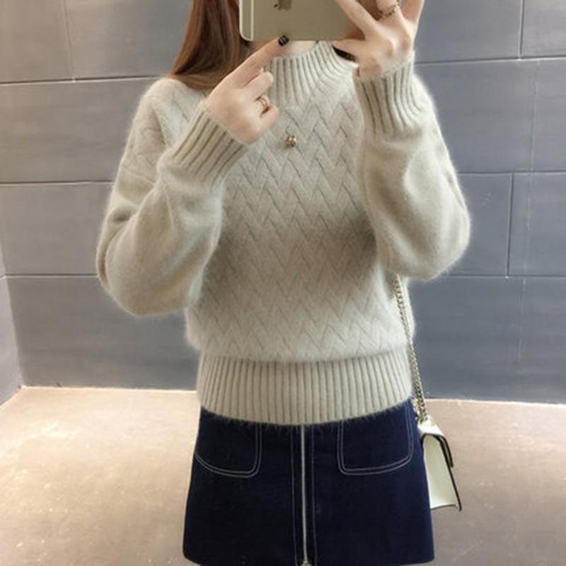 

2020 Autumn And Winter New Thick Half-high Collar Knitted Pullover Women Top Long Sleeve Solid Color Bottoming Shirt Sweater, Beige