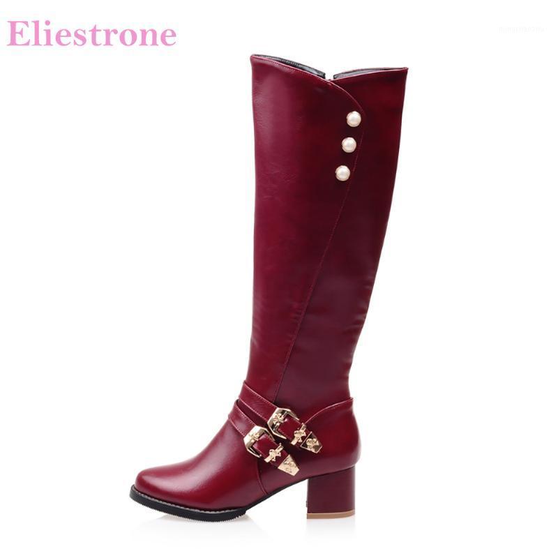 

Brand New Fashion Red Black Women Knee High Motorcycle Boots 2 inch Heels Lady Shoes HL21 Plus Small Big Size 12 31 45 521