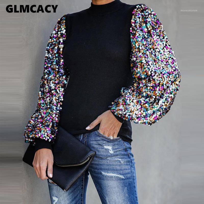

Women Mock Neck Lantern Sleeve Sequins Colorblock Insert Blouse Women Long Sleeve Shining Sparkly Chic Spring Fall Shirt1, Black