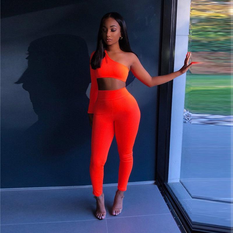 

Orange Neon Green Two Piece Set Women One Shoulder Slope Long Sleeve Crop Top Mid-Calf Pencil Pants 2 Pcs Outfits Party Clubwear1