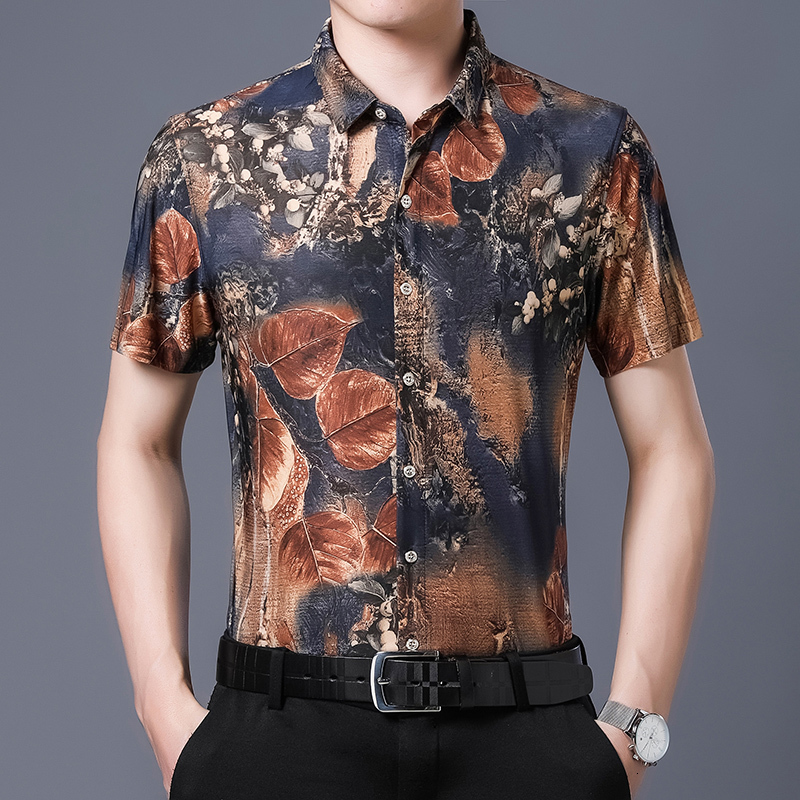 

2021 New Style 80% Men's Silk Shirts Short Sleeve Both Sides Print Chinese Nation Flower Beach Summer Clothes A2IM, 211 white