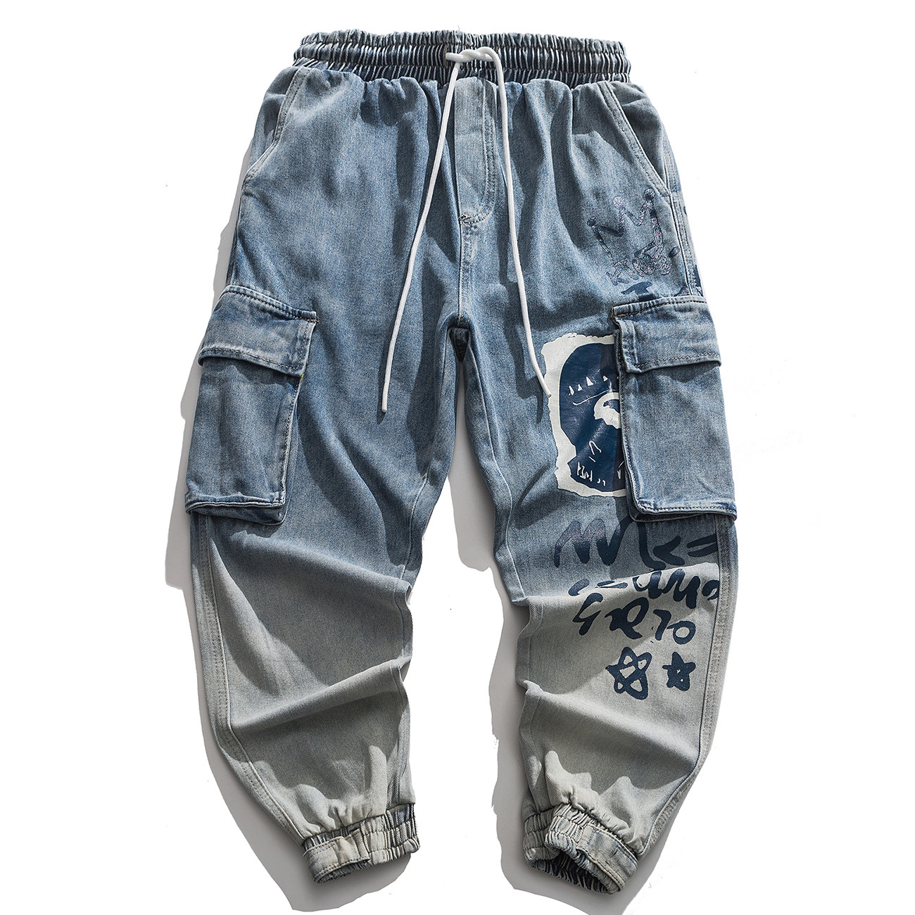 

2021 New Patchwork Pockets Graffiti Casual Hip Hop Streetwear Harem Pants Harajuku Elastic Joggers Men Trousers Oversized Rhtk, Blue