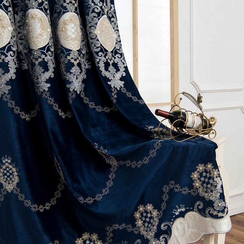 

European Luxury Embroidery Curtains Velvet Cloth Curtains with Beads Blackout Curtain for Bedroom and Living Room
