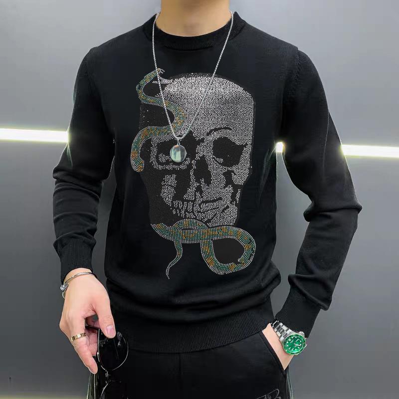 

New Design Winter Men's Sweater Round Neck Knitted Long-Sleeved Warm And Thick Comfortable Pullover Hot Drill Skull, As shown asian size