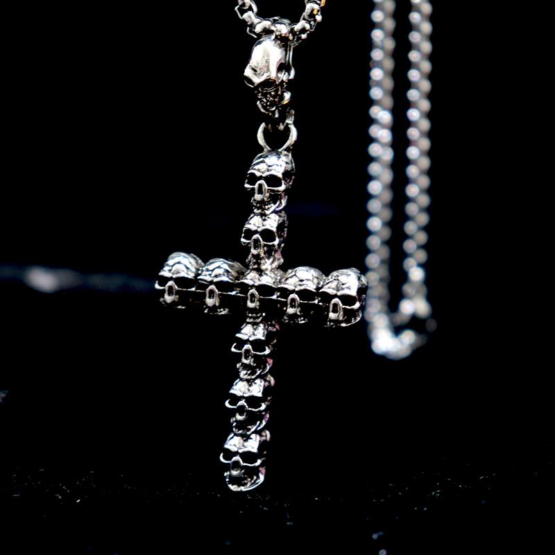 

Punk Antique Silver Color Cross Pendant Necklace Skull Design Cruz Necklace For Men Boy Hip Hop Jewelry Homme