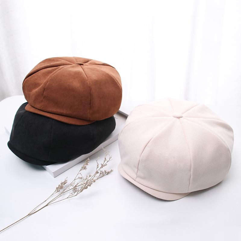 

2020 Autumn Winter warm solid Octagonal Hats for women and girl Berets Painter hat Beanie cap 19, Black