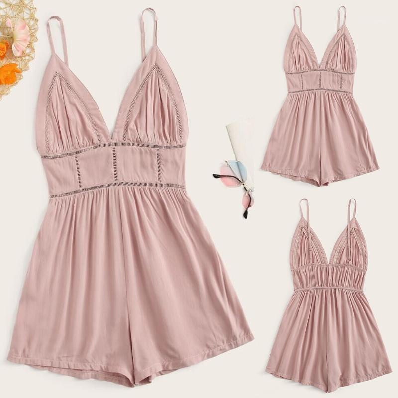 

Women' Jumpsuits & Rompers 2021 Womens Romper Solid Color V-Neck Short Sleeve Wide Leg Pants Strappy Jumpsuit Ropa Verano Mujer Dropshipppi, As pic