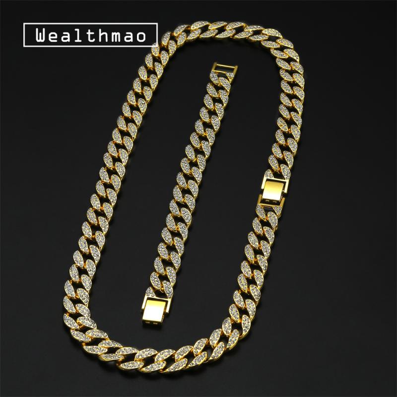 

15mm Heavy Iced Out Miami Cuban Link Crystal Necklace Choker Bling Rhinestone Hip Hop Gold Silver for Men Chain Bracelet Set