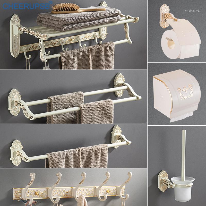 

Bathroom White Accessories Set Patterns Carving Bath Towel Holder Wall Mount Towel Rack Toilet Paper Box Suit Full Set1