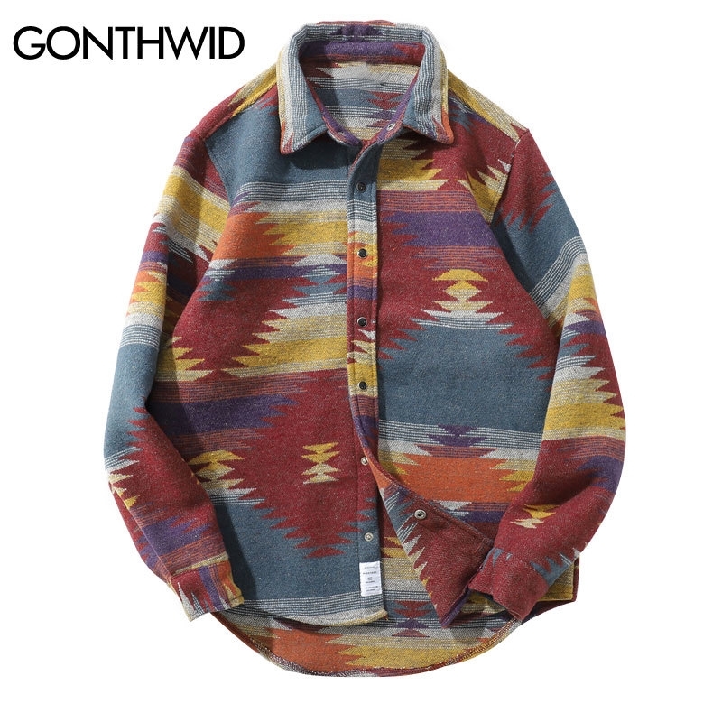 

GONTHWID Hip Hop Tie Dye Snap Button Long Sleeve Shirts Men Fashion Casual Streetwear Dress Shirt Coats Male Hipster Shirts Tops 201120, Red