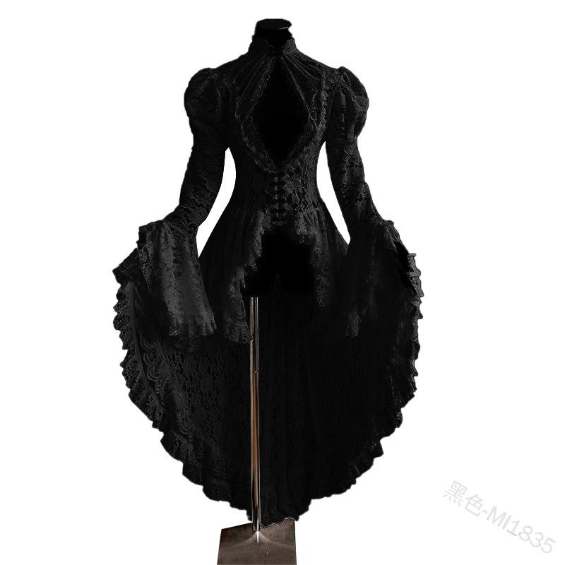 

Summer Fashion Sexy Woman Lace Retro Dress Cosplay Gothic 2020 Halloween Vintage Hollow Out Solid Women Flared Sleeves Clothing, Black