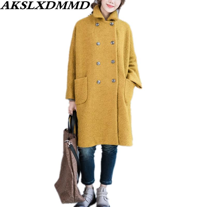 

2020 New Autumn Winter Women Woolen Coat Warm Thick Loose Large Size Lapel Long Coat Fashion Solid Long Sleeve Wool Jacket CW202, As the picture