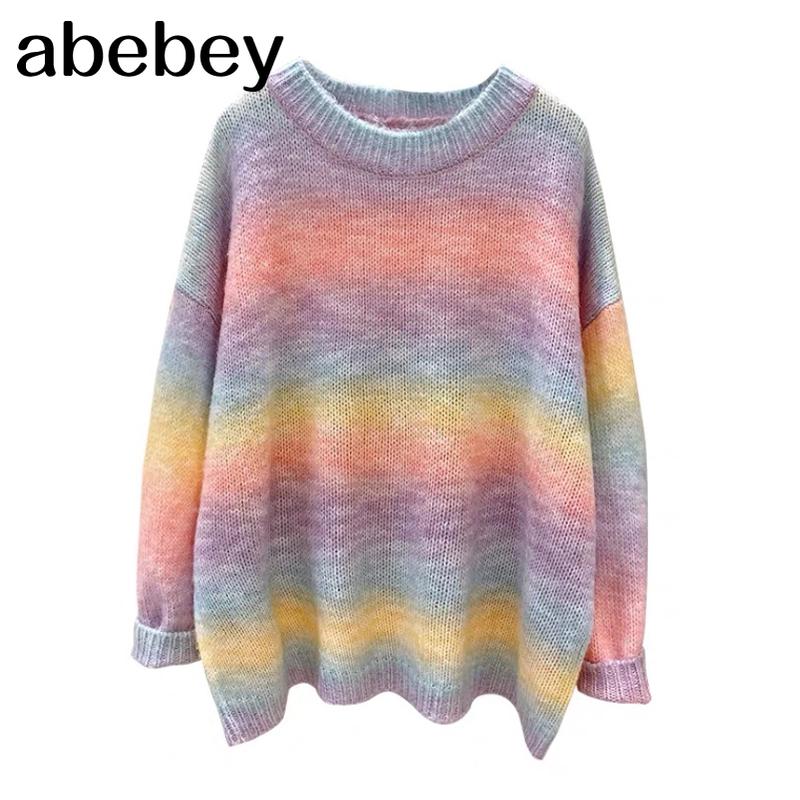 

Autumn Winter Women Rainbow Sweater and Pullovers Oneck Long Loose Style Striped Korean Jumpers Candy Color Oversized Pull, Hf20151 pink
