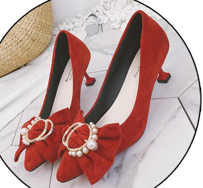 

2021 Women's Shoes in Spring and Autumn New Style Fine Heel Pointed End Bowknot Suede @2077 ZOMH, Red