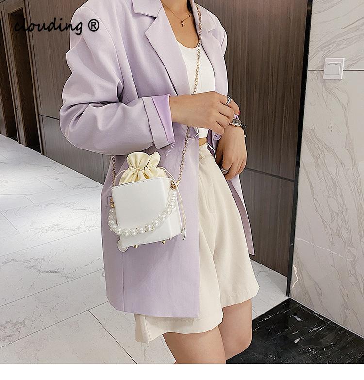 

Women's Pearl Bucket Bag Spring and Summer Solid Color Drawstring Chain Fashion One Shoulder Messenger Bag, Black