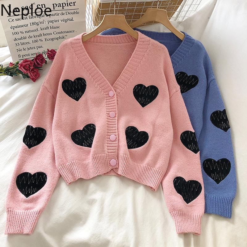

Neploe Sweater Fall 2020 Women Sweet Heart Jacquard Knitwear Coat Chic Korean V-neck Knit Cropped Cardigan Jacket Mujer 4F127, Blue