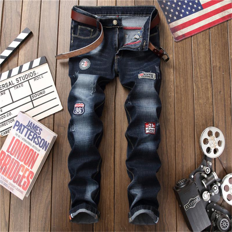 

Small straight men trendy denim jeans men's trendy stitching begging lapel embroidery badge Slim fit casual pants male, Navy blue