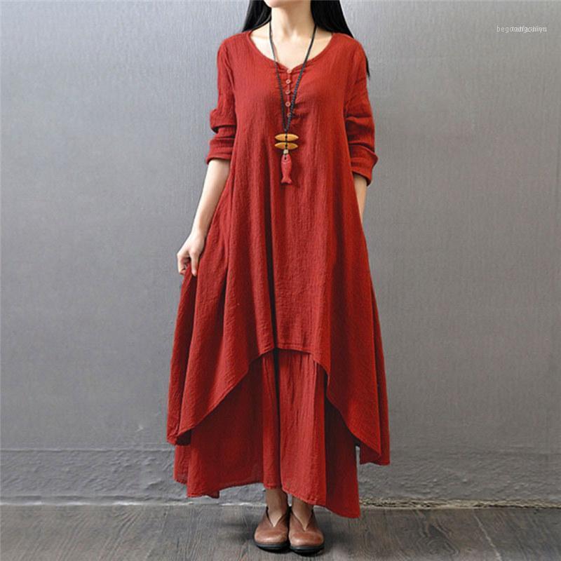 

Wholesale Fashion Women Autumn Cotton Linen Boho Solid Long Maxi Dress Casual Loose Long Sleeve V-Neck Dress Vestidos Plus Size Hot11, Red