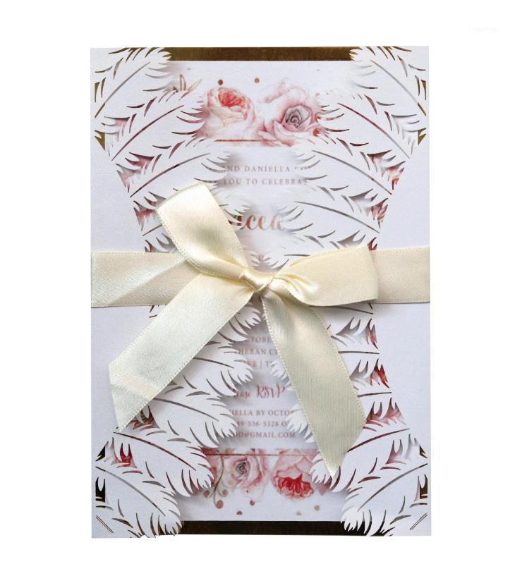 

Laser Cut Feather Desgin Wedding Invitations Tri-folded Marriage Birthday Invitation Card With Envelop1