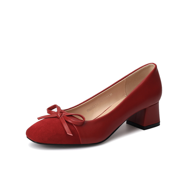 

2019 New Casual Shoes Woman Bow Knot Sexy Ladies Pumps Round Toe Women Shoes Shallow Slip on Square High Heels Office Pumps, Wine red