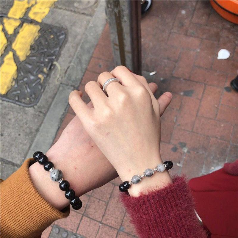 

Fashion 2pcs/Set Couple Bracelet Set Natural Obsidian Stone Braslet Beads Distance Pair Bracelets Valentines Day Gift Joyas