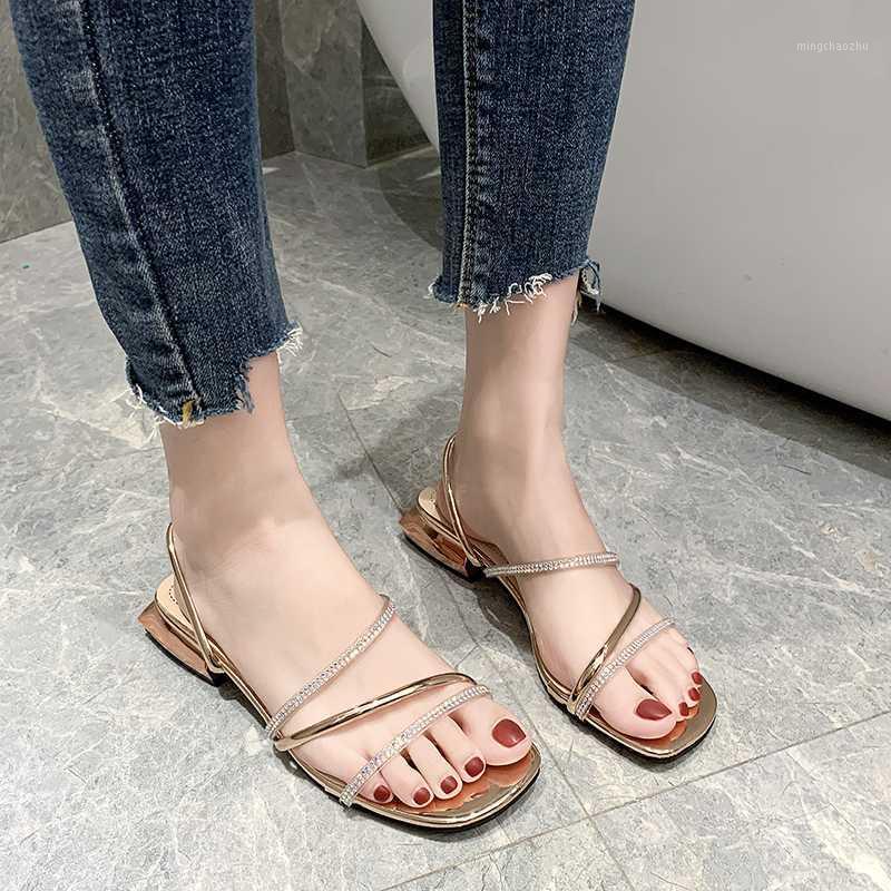 

Rhinestone Low Heel Slippers Women Crystal Ribbon Gold Silver Slippers Summer Outdoor Open Toe Metal Heel Slides Women 20201
