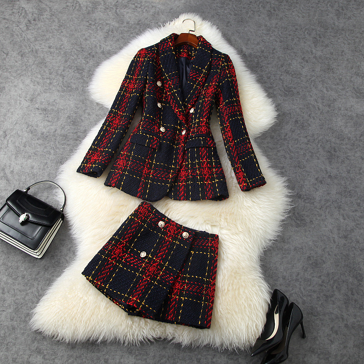 

European and American women's wear 2020 winter new style Long-sleeved, double-breasted jacket shorts Fashion plaid tweed suit, Red