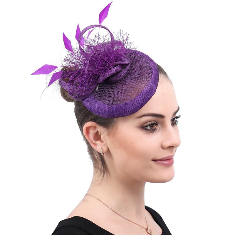 

Purple Linen Fascinators Hairpins Women Ornaments Headpiece Wedding veils Hat Bridal royal cocktail Accessories 2021 New style
