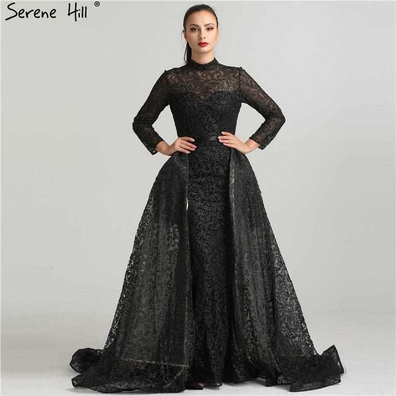 

Fashion Mermaid Luxury Glitter Prom Dress Long Sleeves Gliter with train Prom Gowns 2020 Serene Hill DLA6326, Black