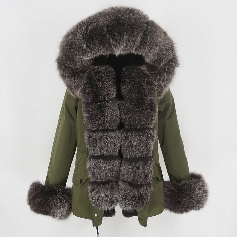 

OFTBUY 2020 New Real Fur Waterproof Parka Winter Jacket Women Big Natural Fox Fur Collar Hood Detachable Thick Warm Outerwear, Green camel
