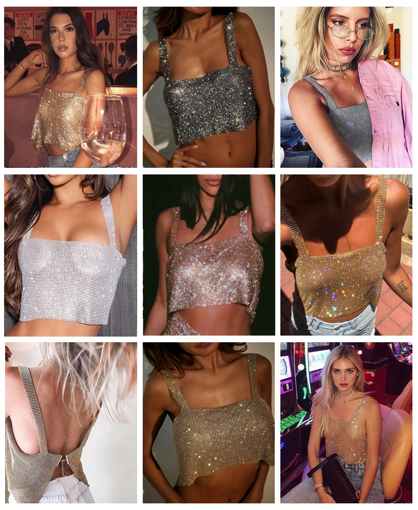 

Glitter Tops Backless Rhinestone Tank Women Sexy Metal Crystal Diamonds Sequined Night Party Club Wear Top Y200326, Champagne