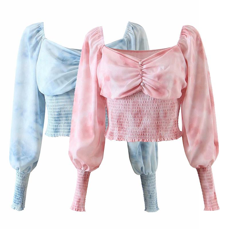

2020 New Autumn Women Shirt Tie Dye Long Sleeves V-Neck Short Shirts Female Fashion Casual Women Clothes, Blue