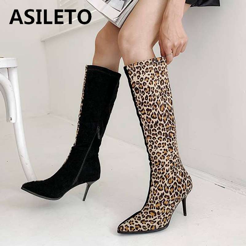 

ASILETO Winter knee boots Pointed toe Suede leather Zipper Leopard print Thin high heels Botas femininas bottines chaussures, Yellow velvet inside