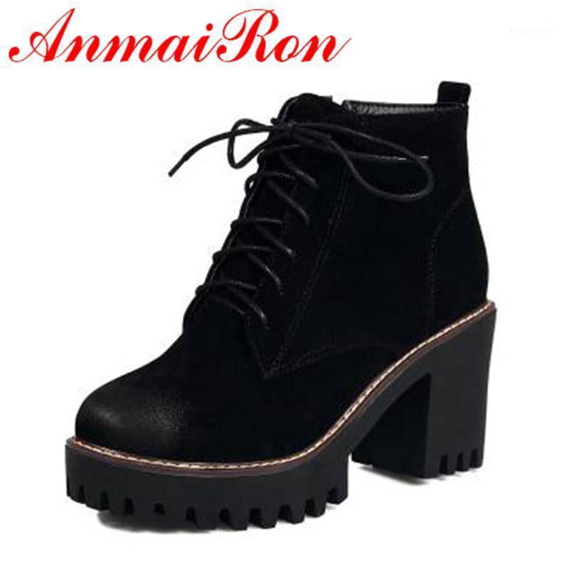 

ANMAIRON Fashion Lace-up Winter Warm Ankle Boots for Women High Heels Round Toe Black Shoes Motorcycle Boots Large Size 34-431, Army green with fur